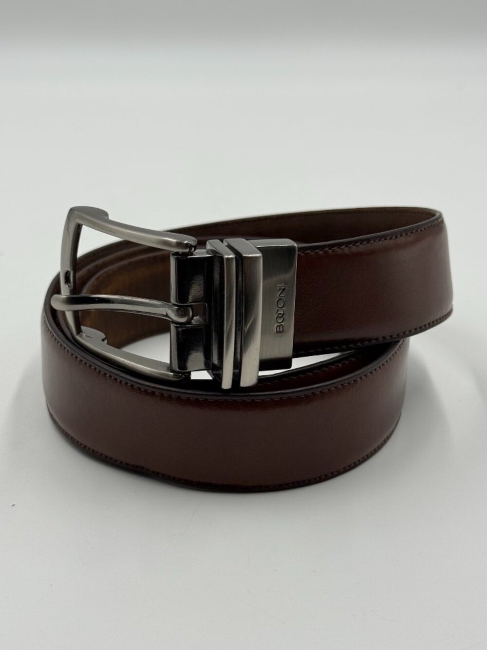Boconi Reversible Leather ? Belt Size 36 Shiny Matte Brown Silver Buckle 1.25" W